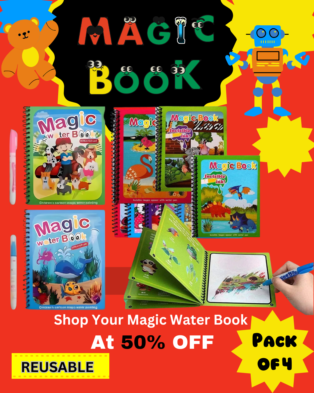 Reusable Magic Water Drawing Book [Set of 4]